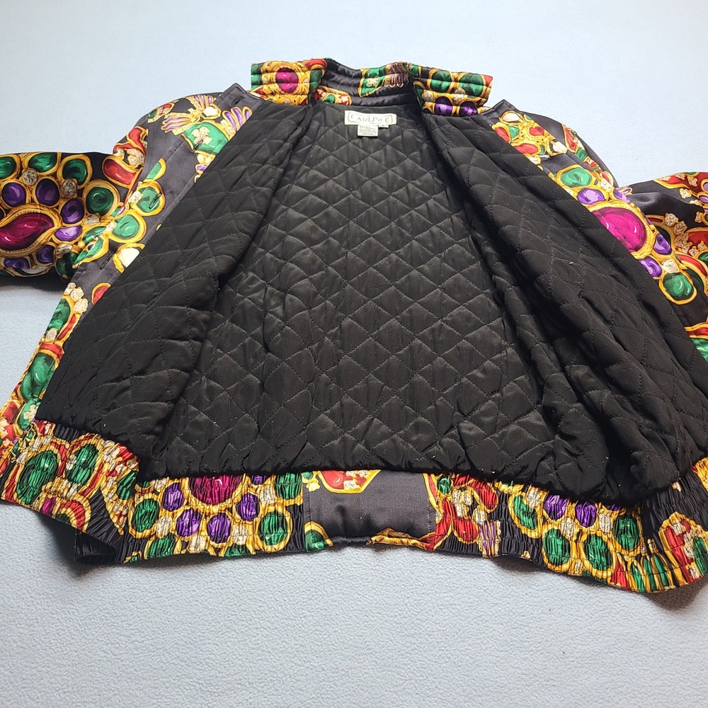 Carlisle Silk Bomber Jacket Womens 6 Black Excellent Vintage Jewel Print Quilted - Picture 4 of 7